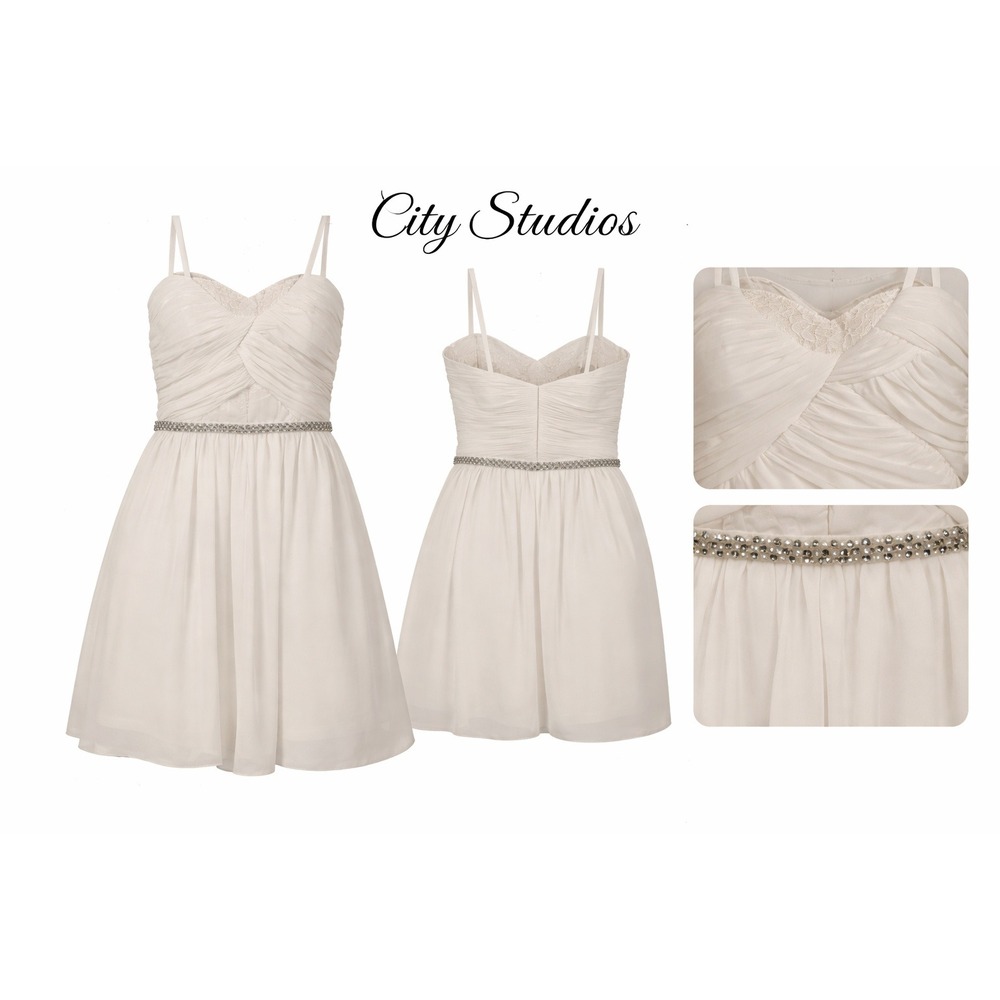 City Studio White‎ Ruched Sweetheart Lace Trim Rhinestone Belt Dress Size 3